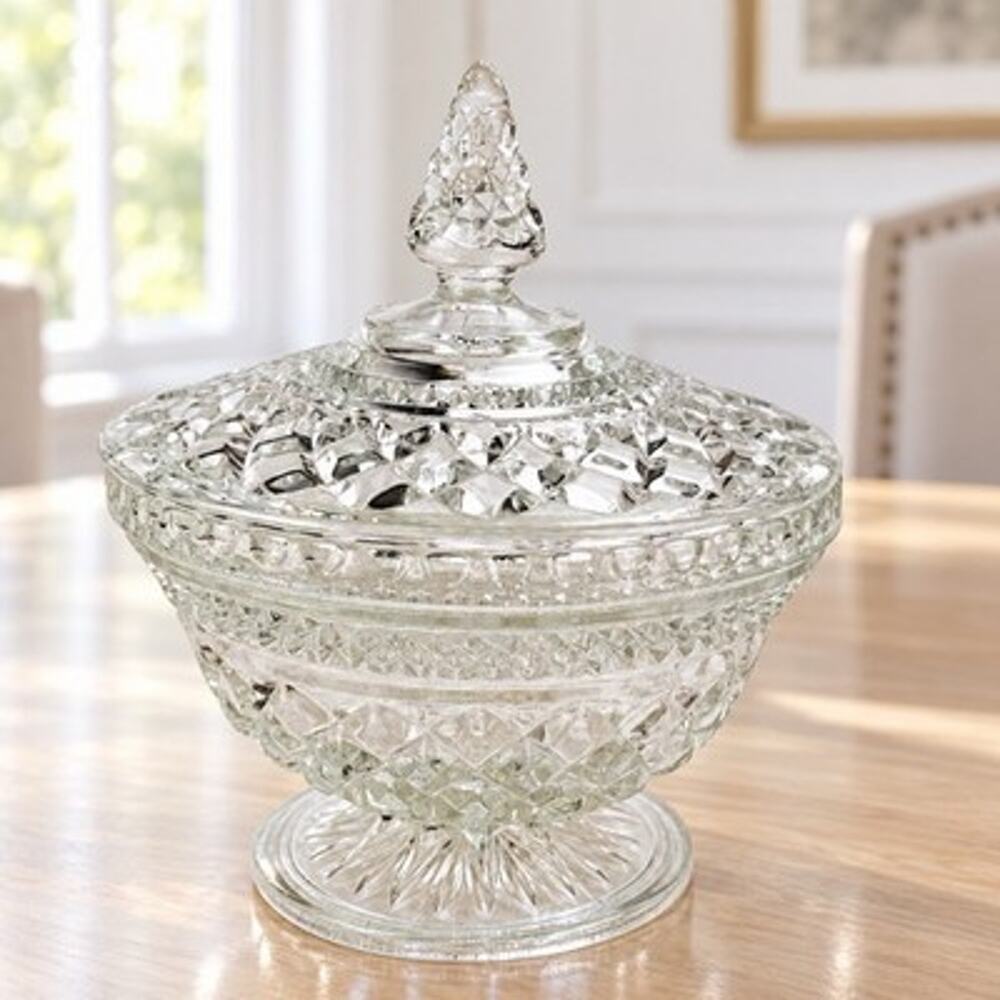 Vintage Anchor Hocking Wexford Clear Glass Footed Covered Candy Dish 8”